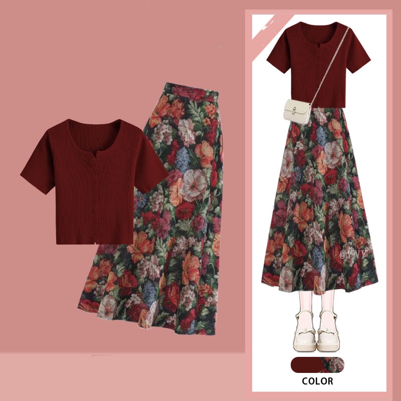 Femmes chanceux vin rouge T-Sh - Midi Skirt Floral avis et prix